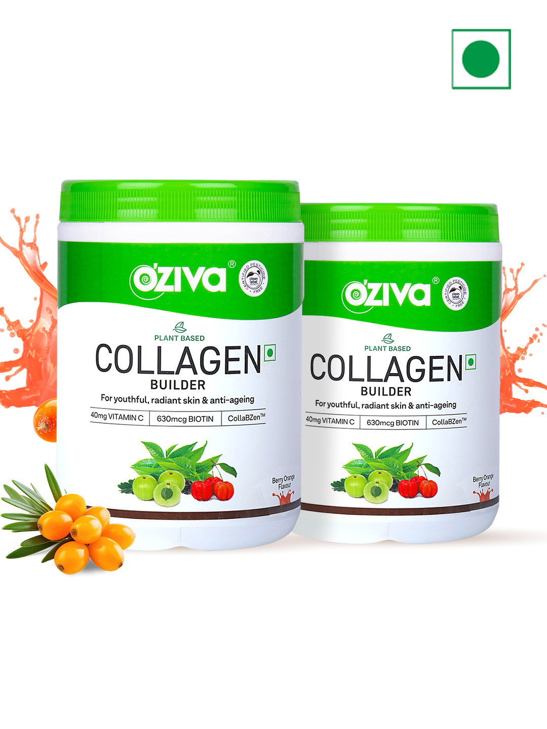 

OZiva 2 Pcs Plant Based Collagen Builder For Brighter Skin Tone- Berry Orange - 250g Each, Green