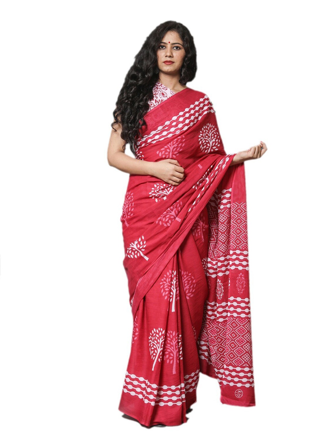 

JALTHER Abstract Block Print Pure Cotton Saree, Pink