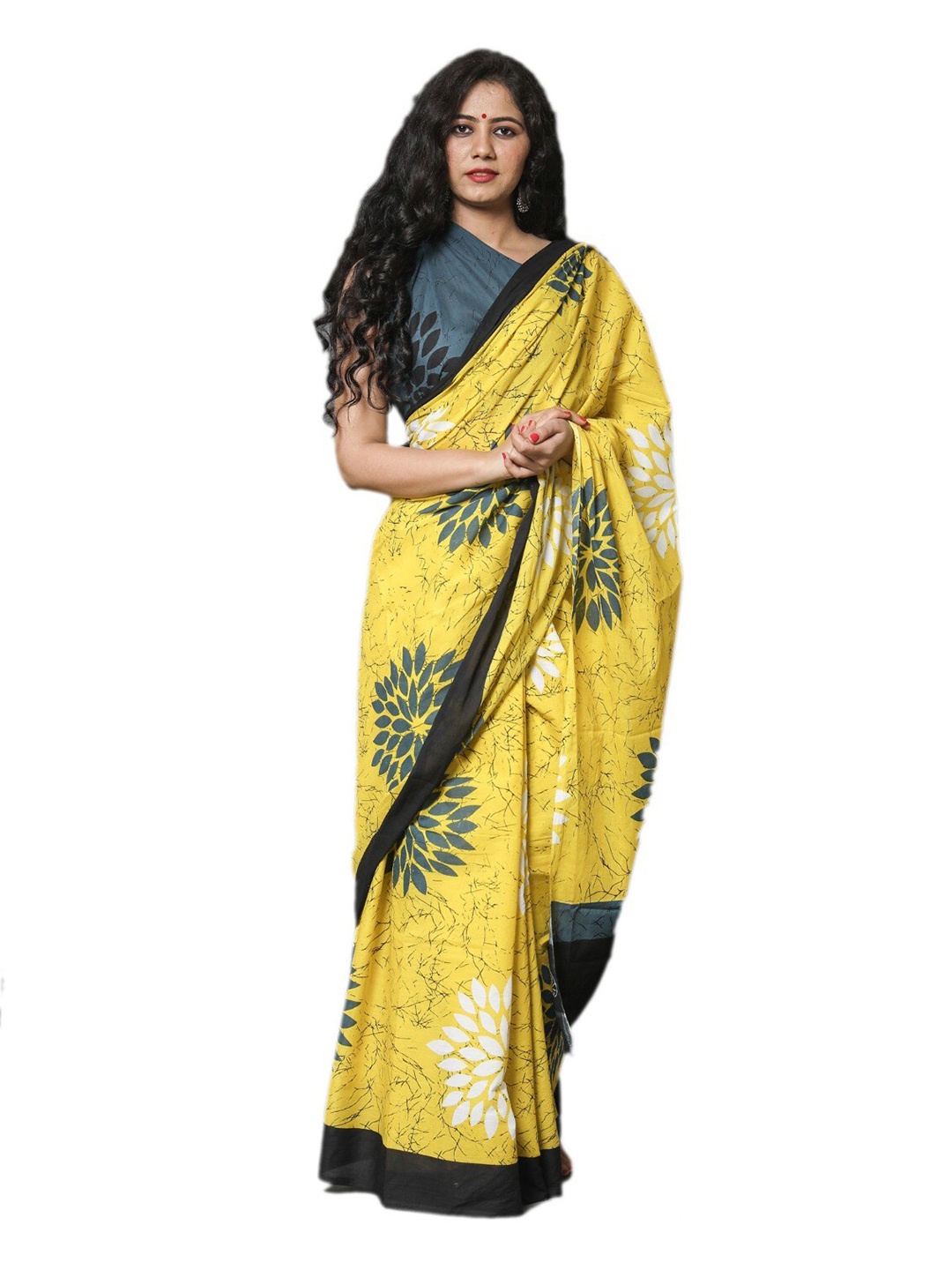 

JALTHER Floral Pure Cotton Block Print Saree, Yellow