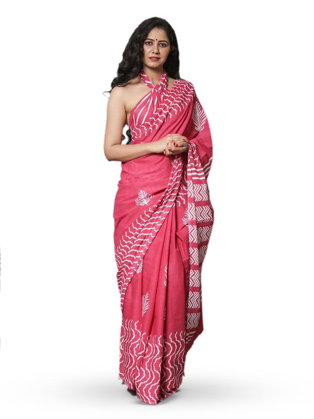 

JALTHER Ethnic Motifs Pure Cotton Block Print Saree, Pink