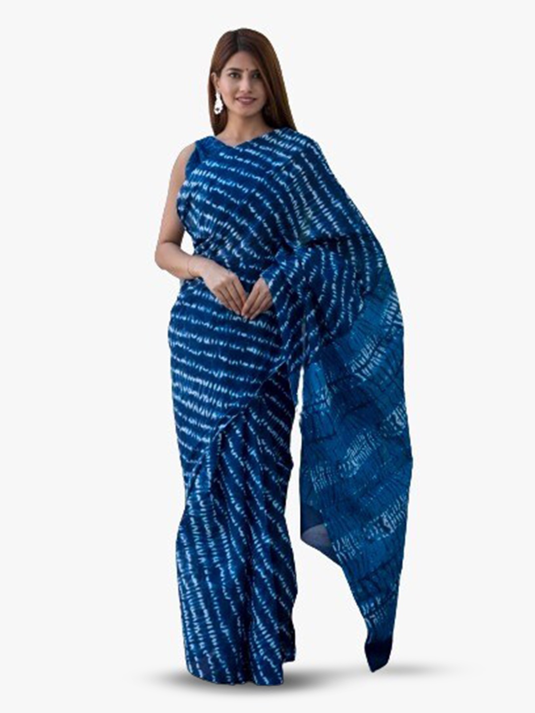 

JALTHER Striped Tie and Dye Block Print Pure Cotton Saree, Blue