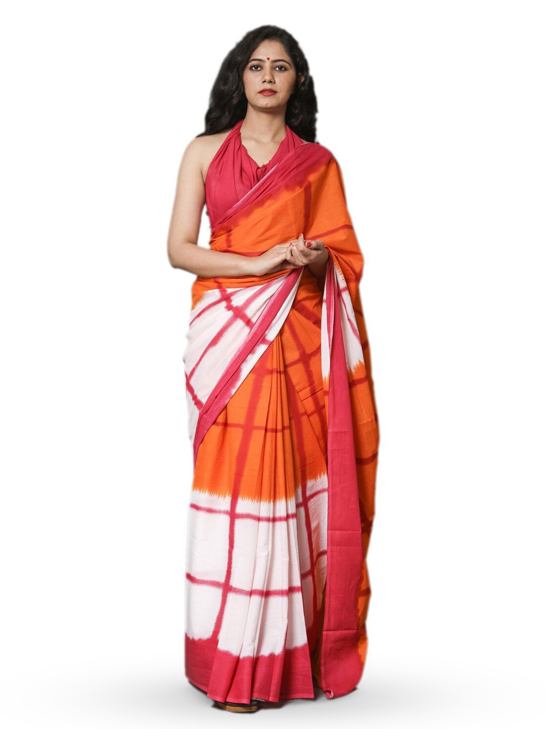 

JALTHER Tie and Dye Block Print Pure Cotton Saree, Orange