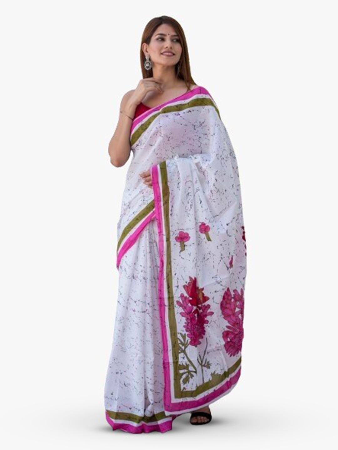 

JALTHER Floral Block Print Pure Cotton Saree, White