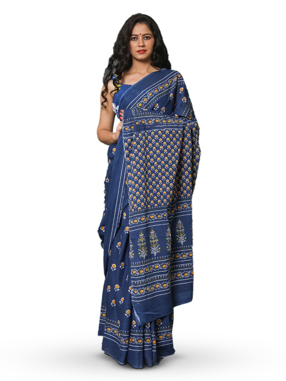 

JALTHER Ethnic Motifs Block Print Pure Cotton Saree, Blue