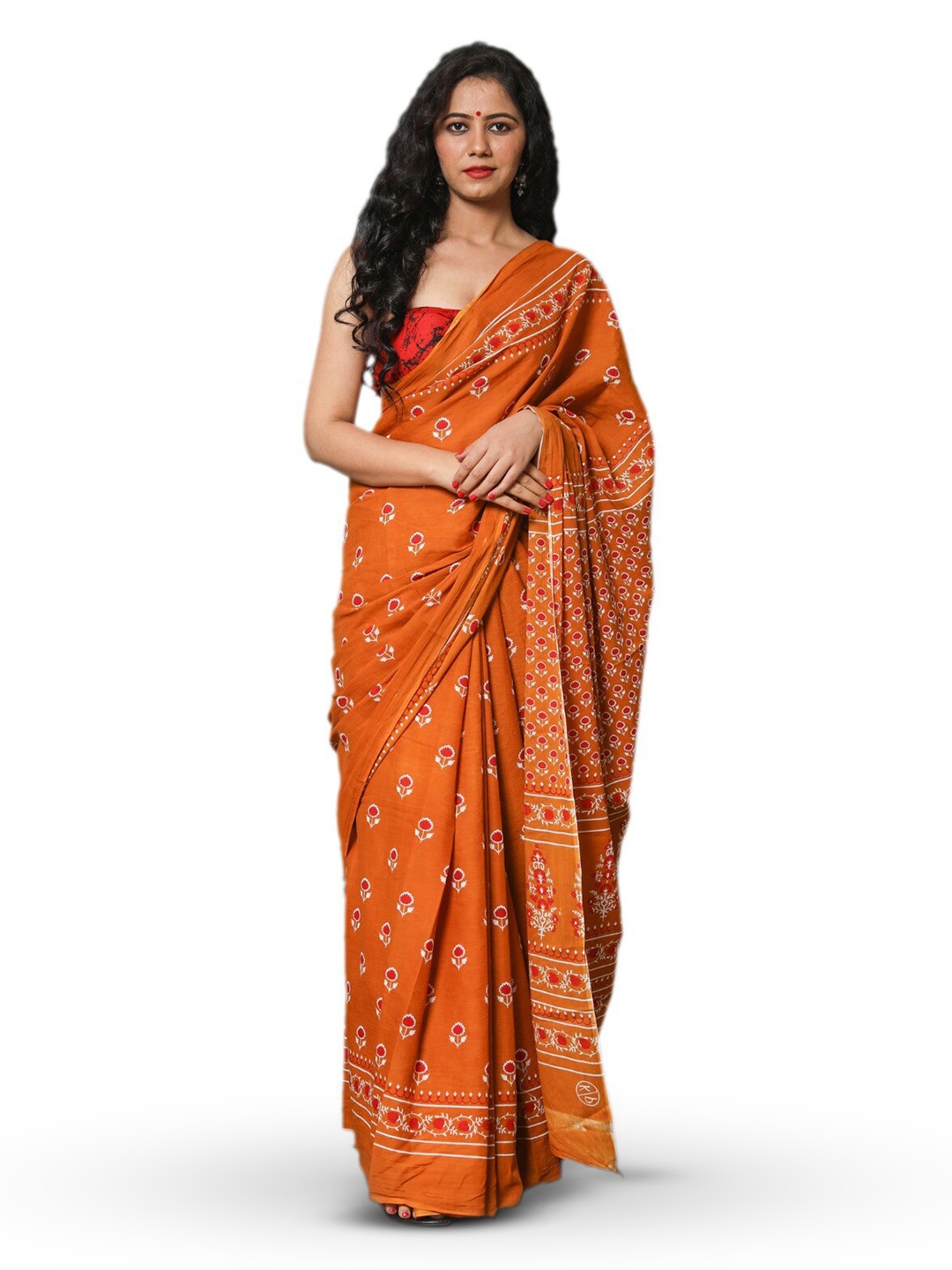 

JALTHER Floral Pure Cotton Block Print Saree, Mustard