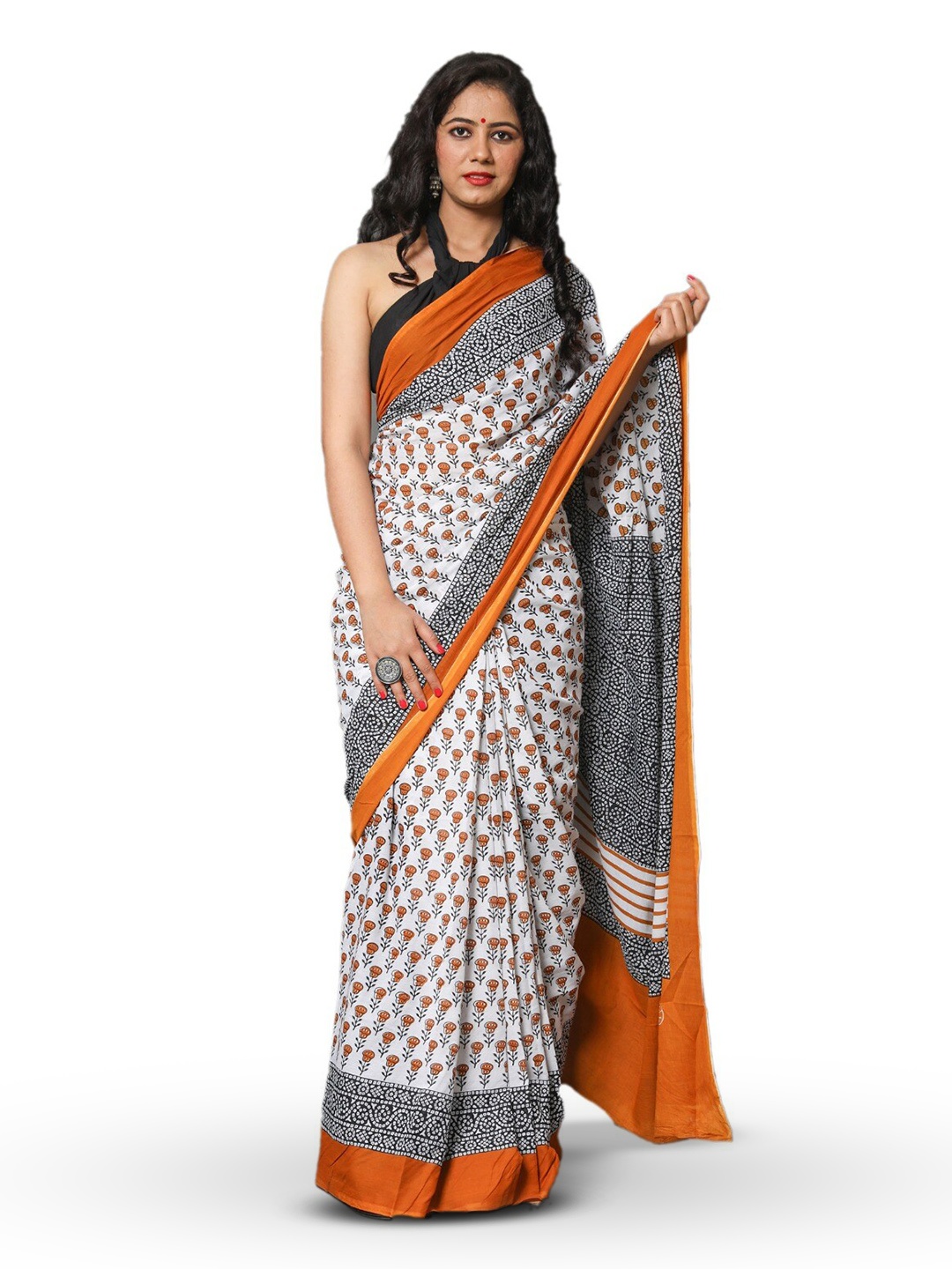 

JALTHER Floral Pure Cotton Block Print Saree, Orange