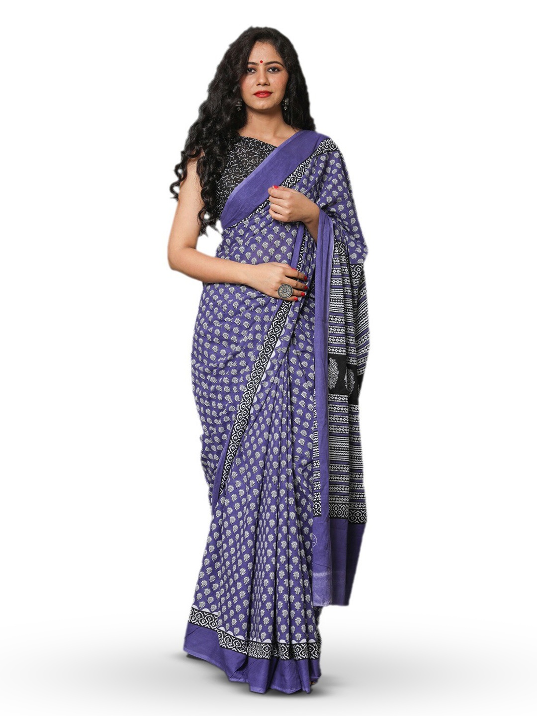 

JALTHER Ethnic Motifs Block Print Pure Cotton Saree, Blue