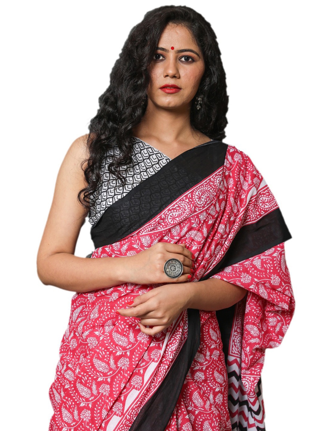 

JALTHER Pink & Black Ethnic Motifs Pure Cotton Block Print Saree