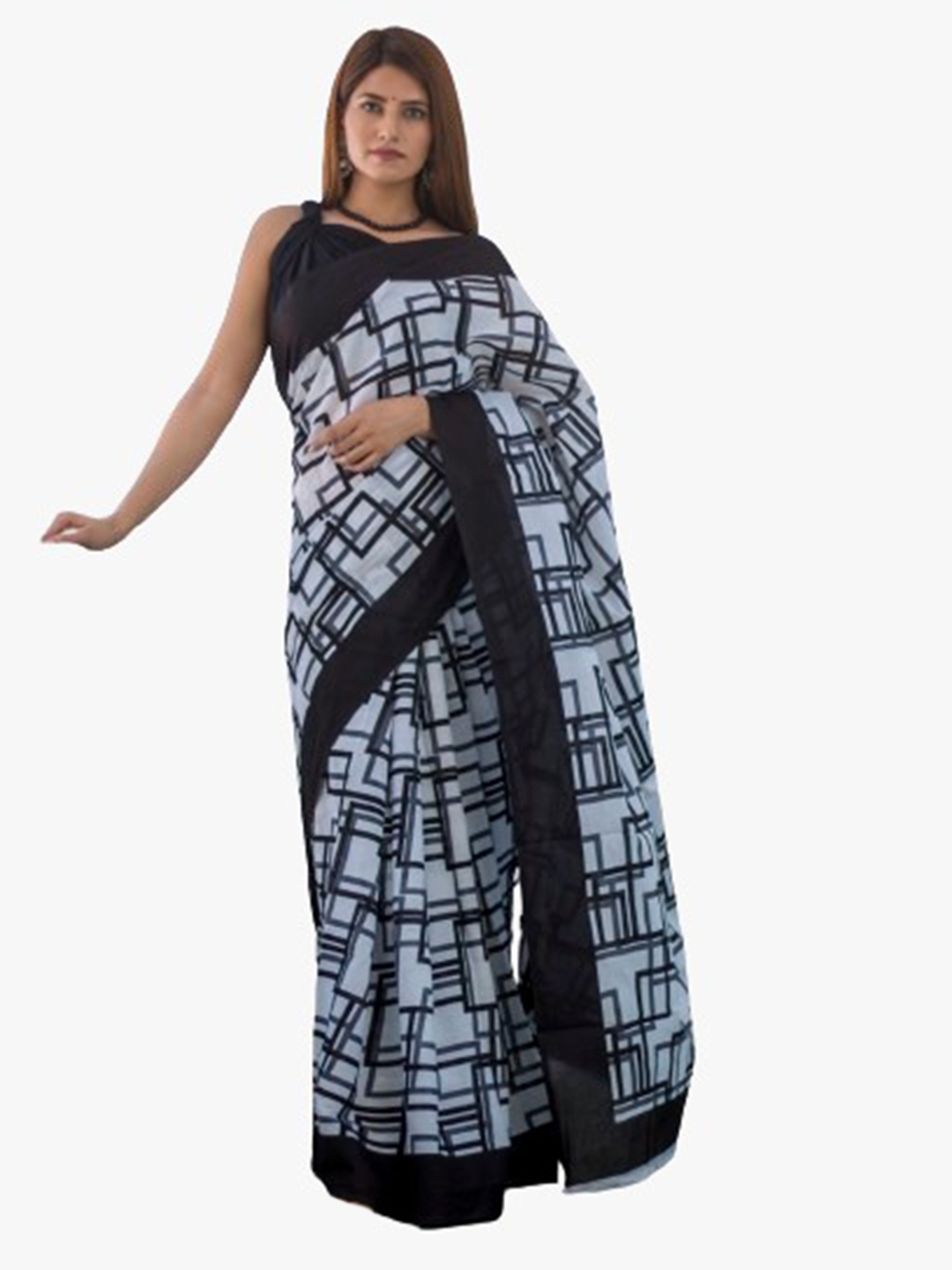 

JALTHER White & Black Pure Cotton Block Print Saree