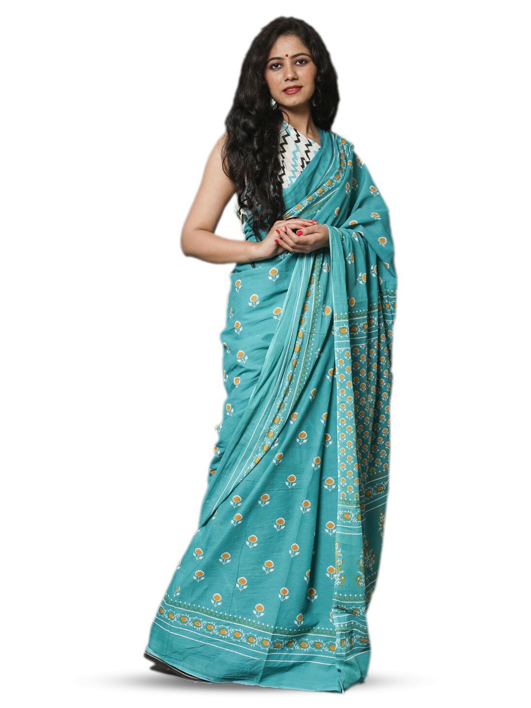 

JALTHER Ethnic Motifs Pure Cotton Block Print Saree, Turquoise blue