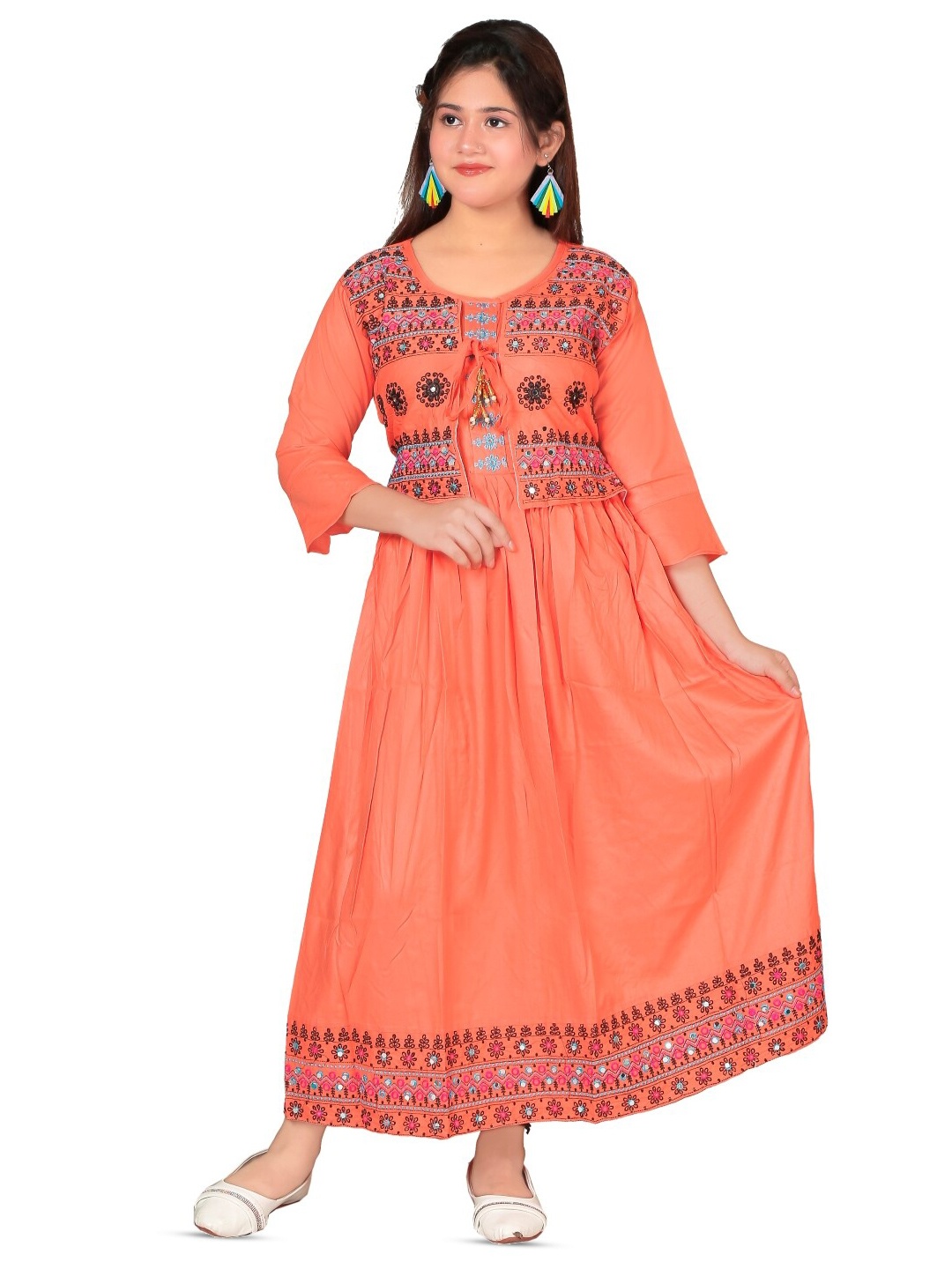 

BAESD Girls Floral Printed Tie-Up Neck Maxi Dress, Peach