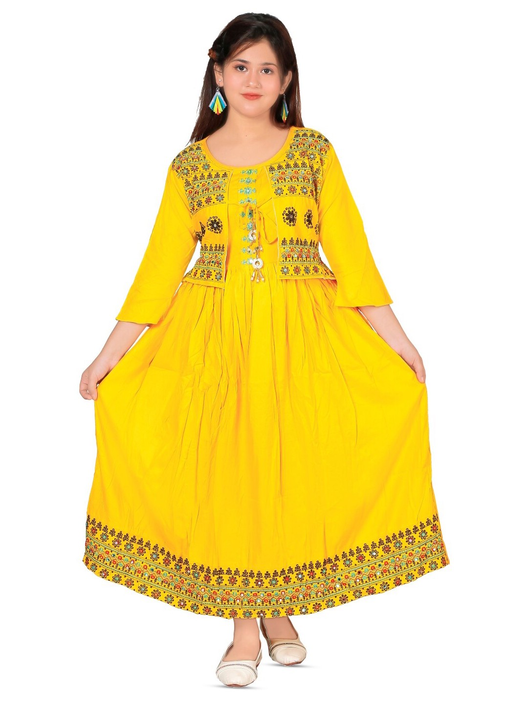 

BAESD Floral Embroidered Round Neck Three-Quarter Sleeves Maxi Dress, Yellow