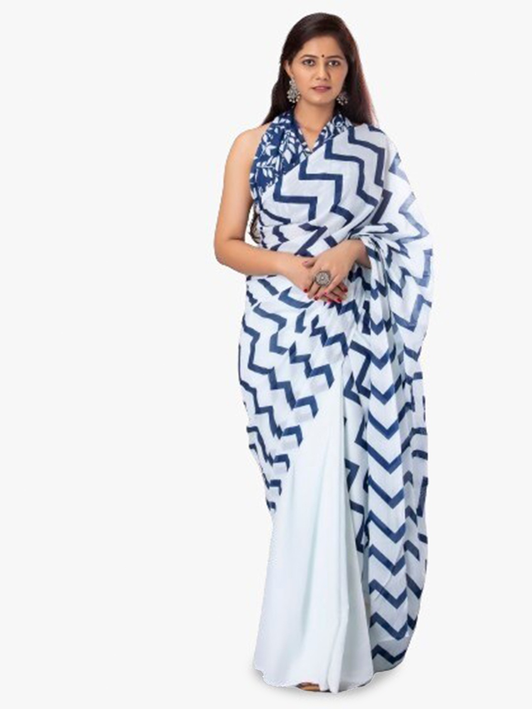 

JALTHER Geometric Pure Cotton Half and Half Block Print Saree, White