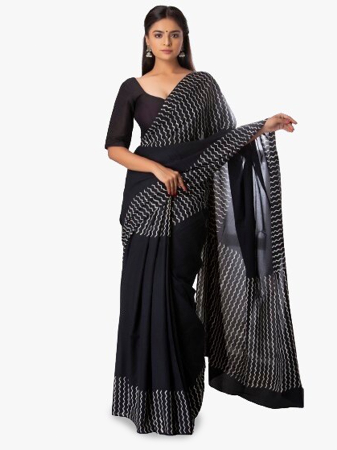 

JALTHER Striped Pure Cotton Block Print Saree, Black