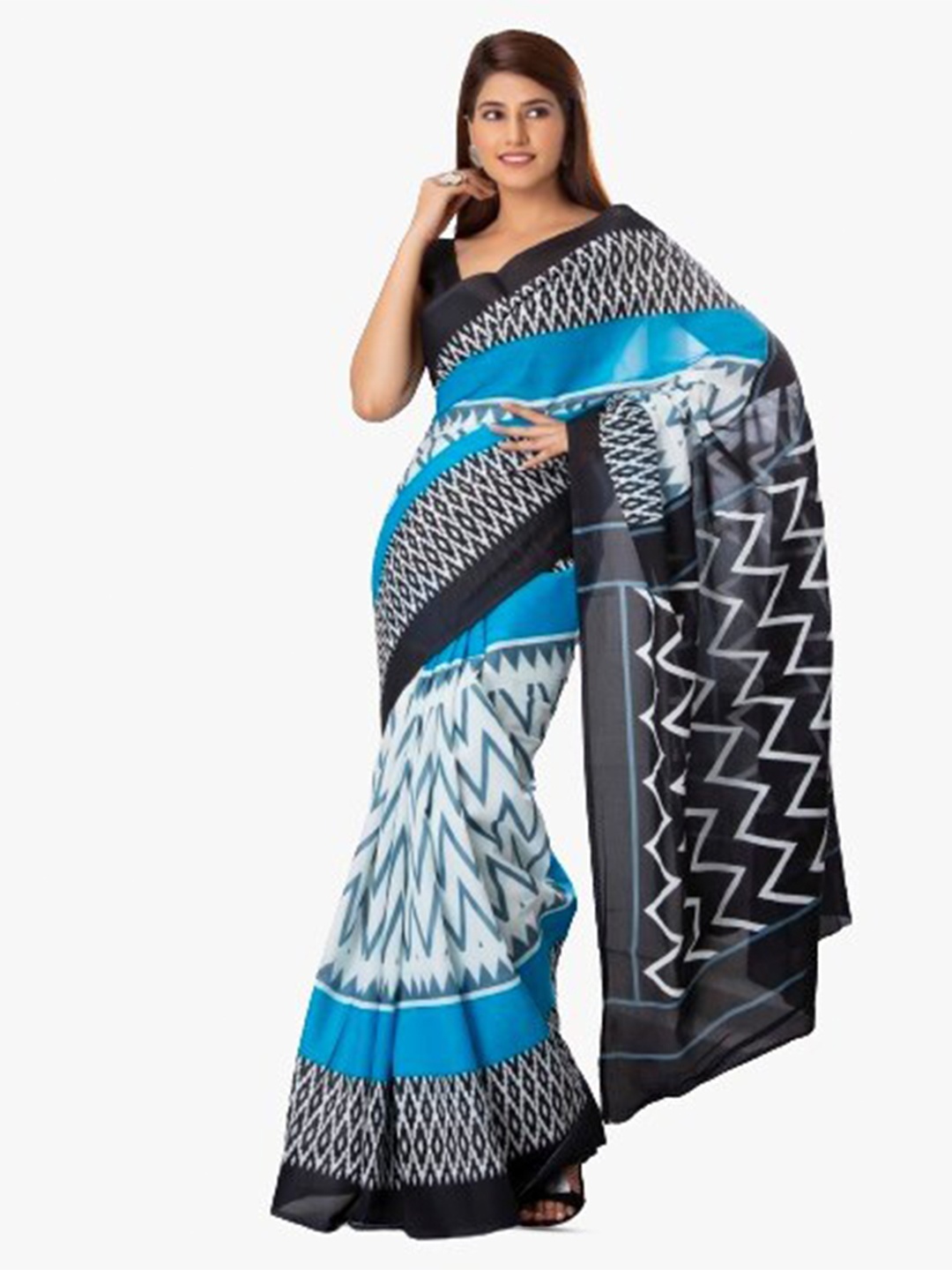 

JALTHER Geometric Printed Pure Cotton Block Print Saree, Blue