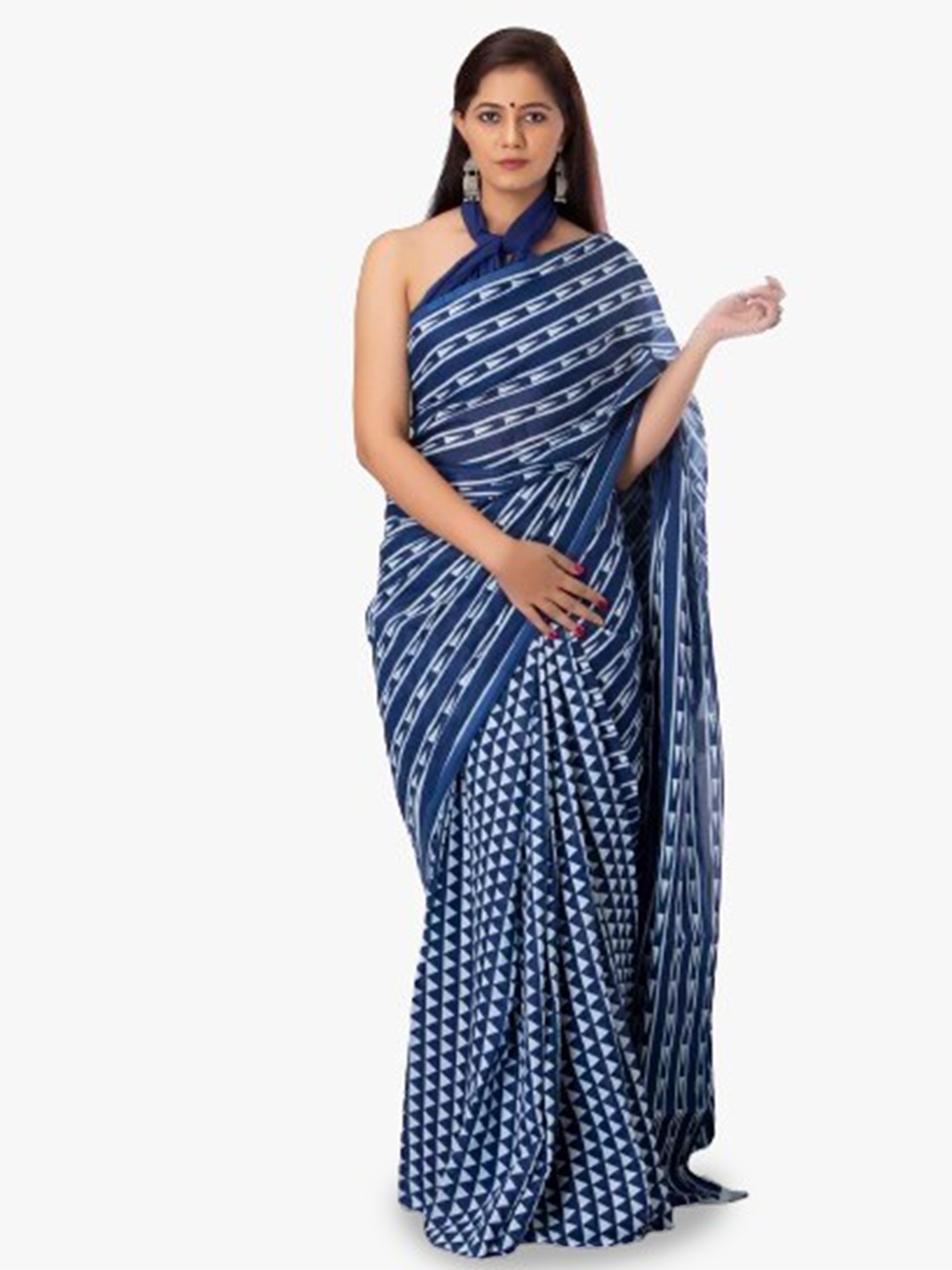 

JALTHER Striped Block Print Pure Cotton Saree, Blue