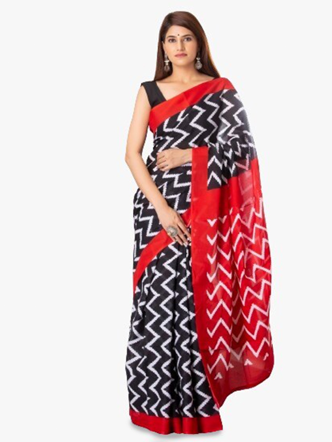 

JALTHER Geometric Printed Pure Cotton Block Print Saree, Black