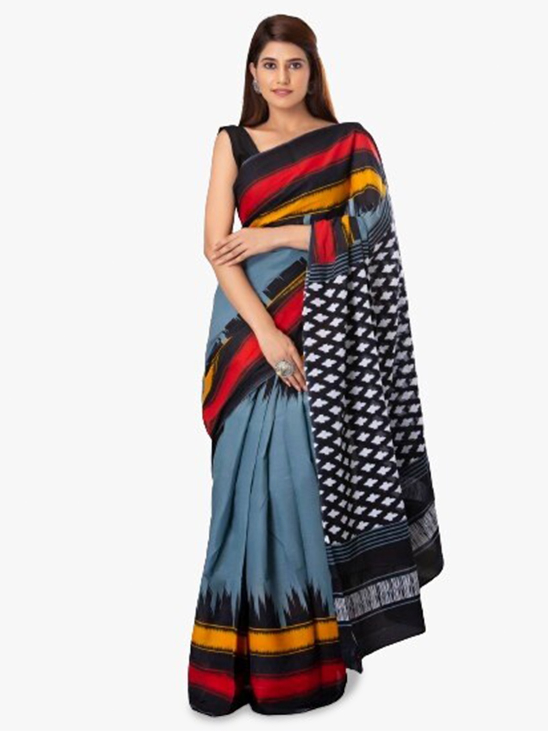 

JALTHER Striped Block Print Pure Cotton Saree, Grey