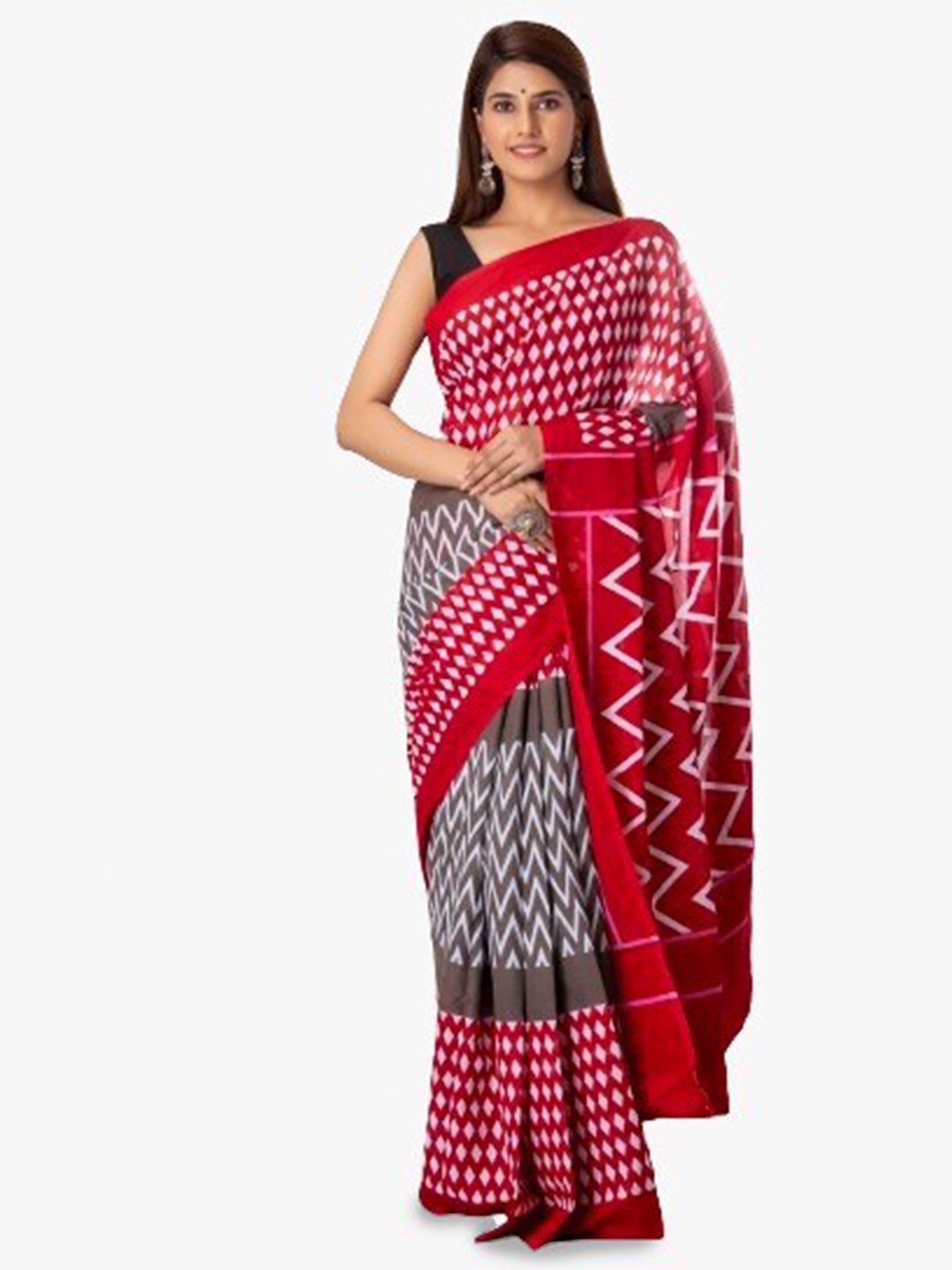 

JALTHER Geometric Pure Cotton Block Print Saree, Red