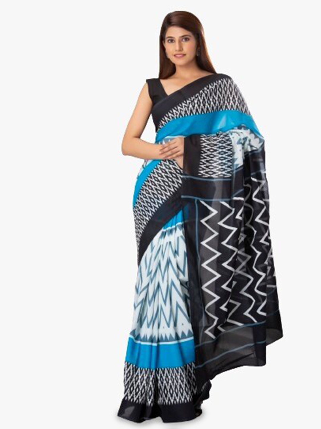 

JALTHER Geometric Block Print Pure Cotton Saree, Blue