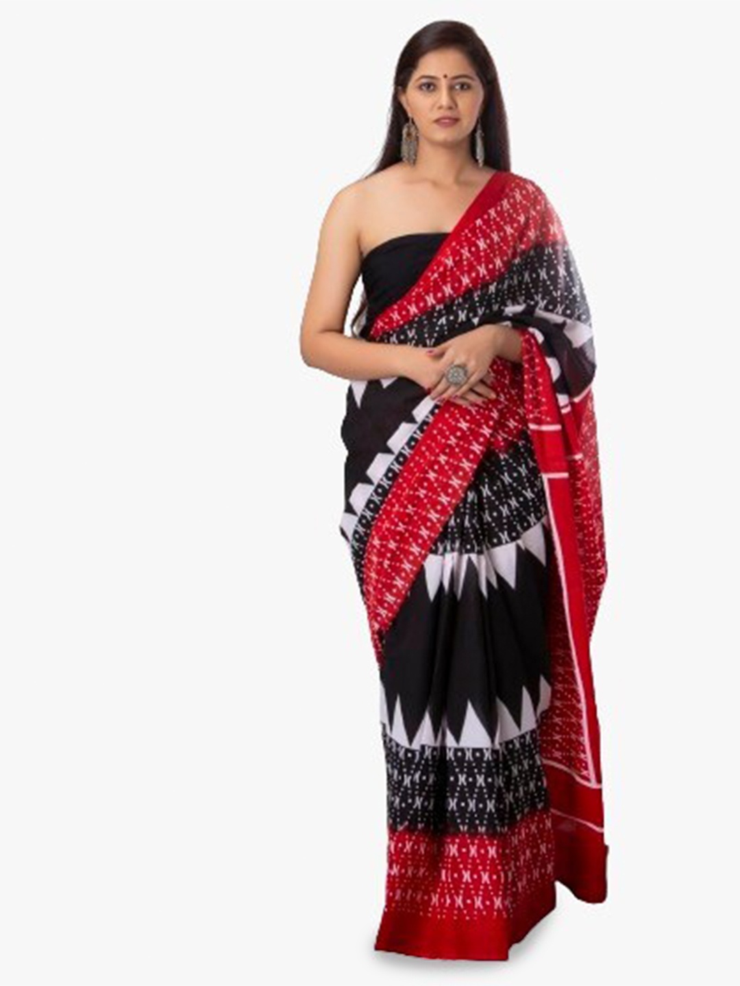 

JALTHER Black & Red Pure Cotton Block Print Saree