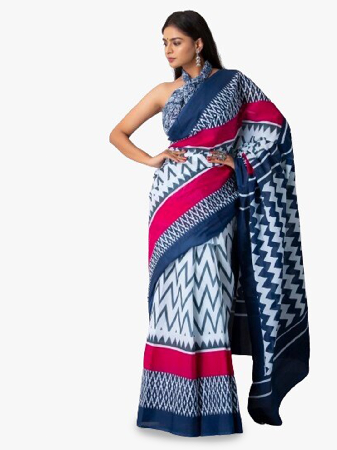 

JALTHER Geometric Pure Cotton Block Print Saree, Pink