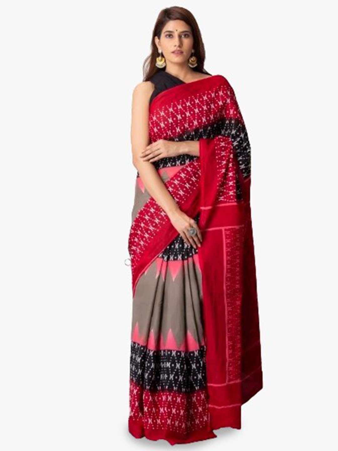 

JALTHER Ethnic Motifs Block Print Pure Cotton Saree, Red