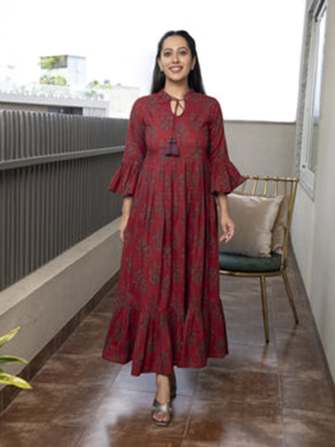 

Aaheli Floral Printed Bell Sleeve A-Line Maxi Cotton Dress, Maroon