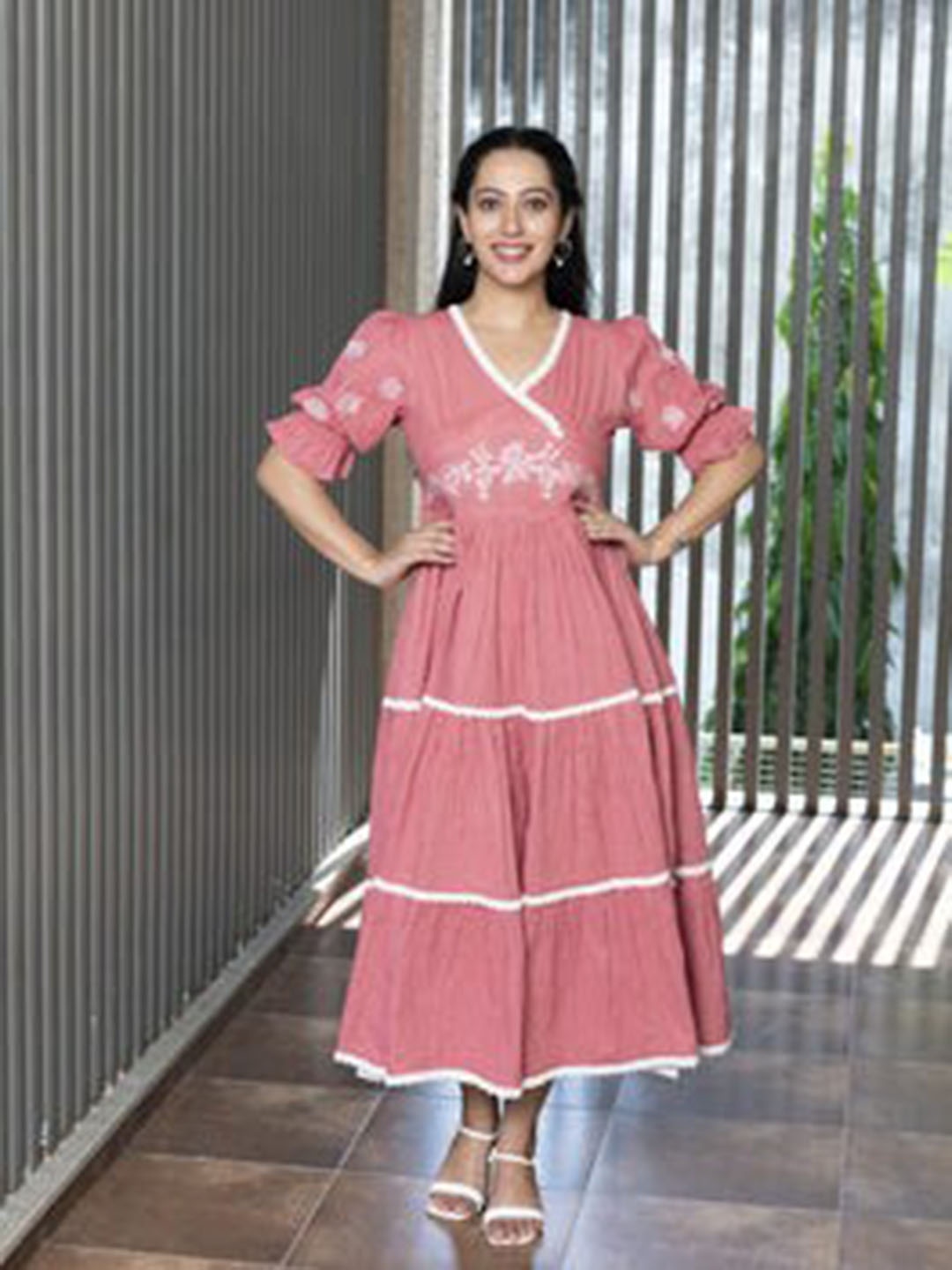 

Aaheli Striped Layered Empire Midi Cotton Dress, Coral