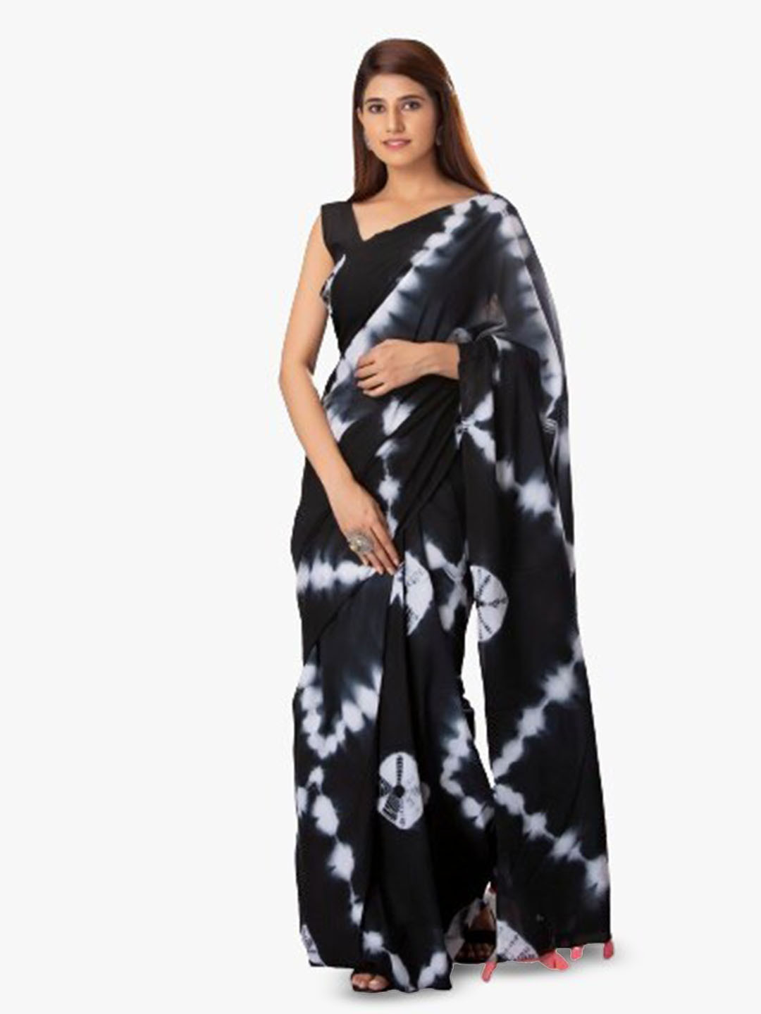 

JALTHER Tie and Dye Pure Cotton Block Print Saree, Black
