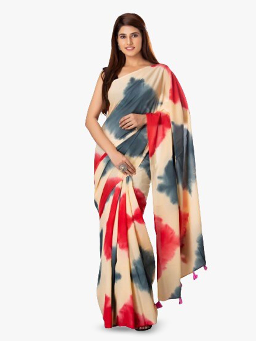 

JALTHER Tie and Dye Block Print Pure Cotton Saree, Cream