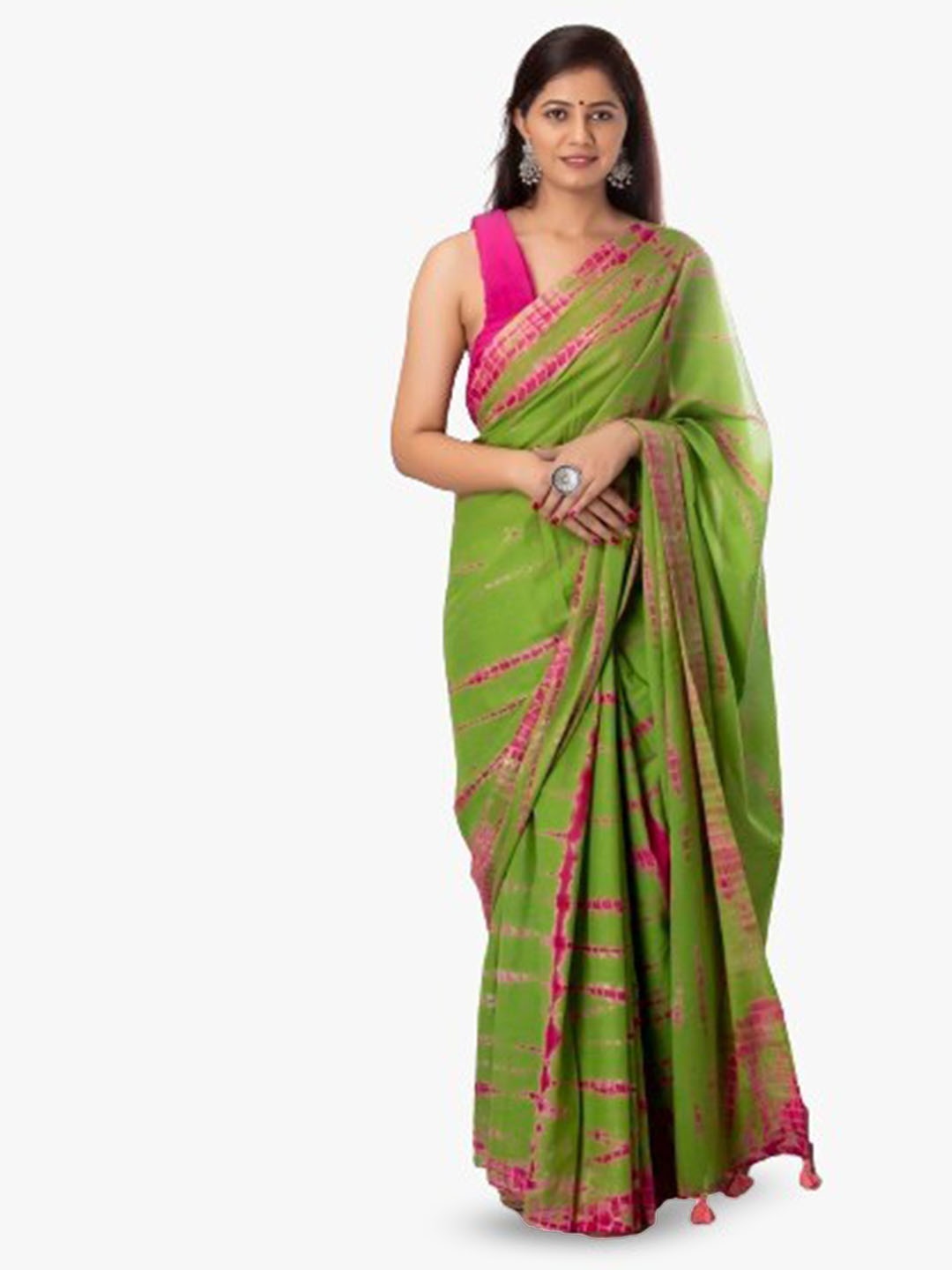 

JALTHER Tie and Dye Pure Cotton Block Print Saree, Green