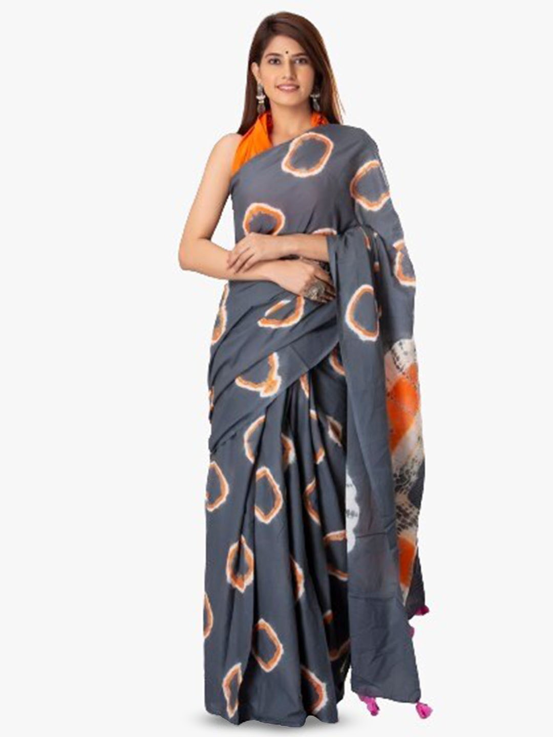

JALTHER Tie and Dye Block Print Pure Cotton Saree, Grey