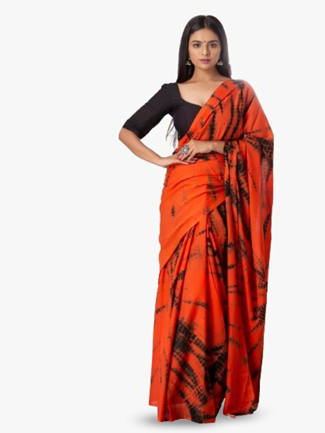 

JALTHER Tie and Dye Block Print Pure Cotton Saree, Orange