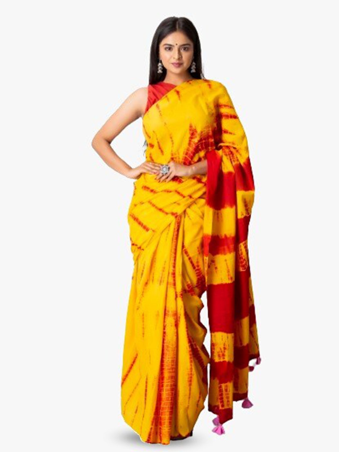

JALTHER Tie and Dye Block Print Pure Cotton Saree, Yellow
