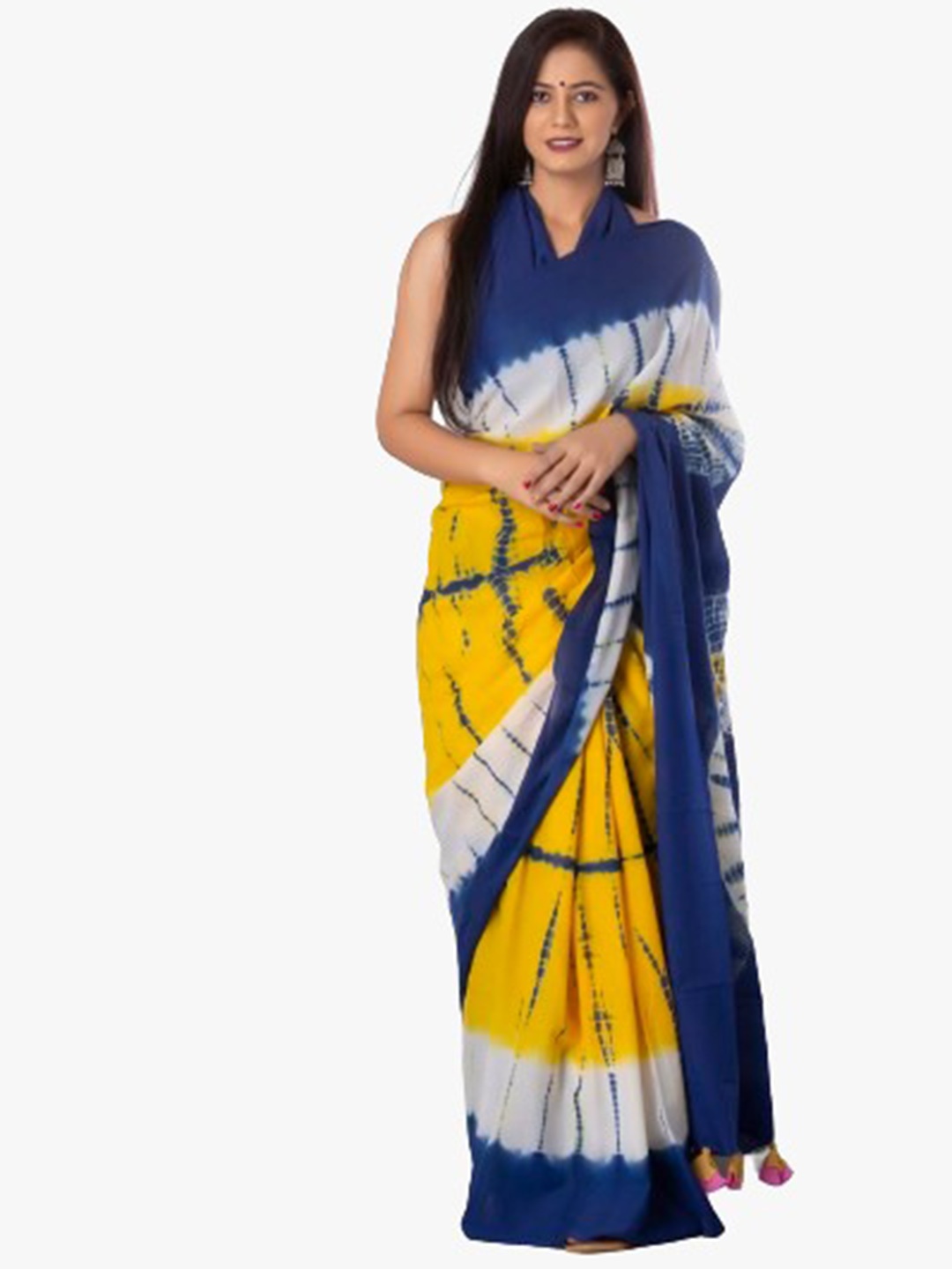 

JALTHER Yellow & Blue Tie and Dye Pure Cotton Block Print Saree