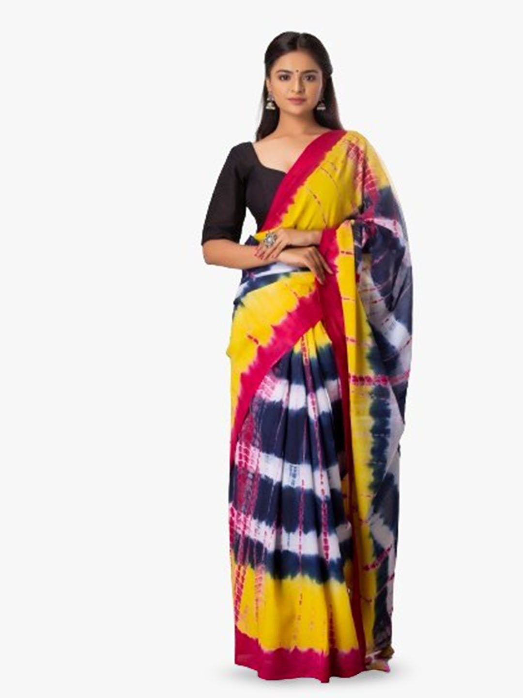 

JALTHER Tie and Dye Block Print Pure Cotton Saree, Yellow