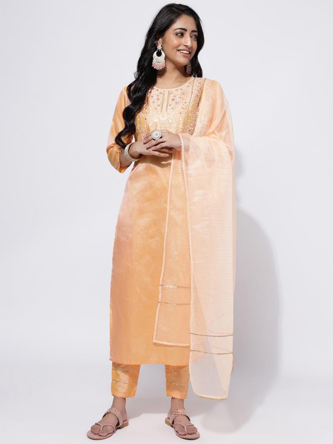 

Twika Ethnic Motifs Yoke Design Regular Thread Work Kurta With Trousers & Dupatta, Peach