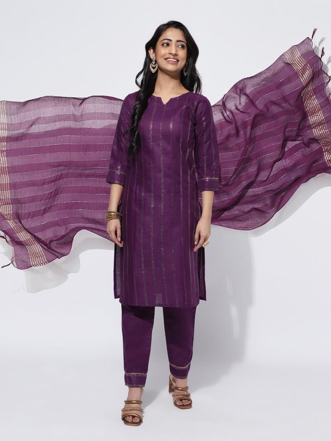 

Twika Striped Regular Kurta with Trousers & Dupatta, Purple