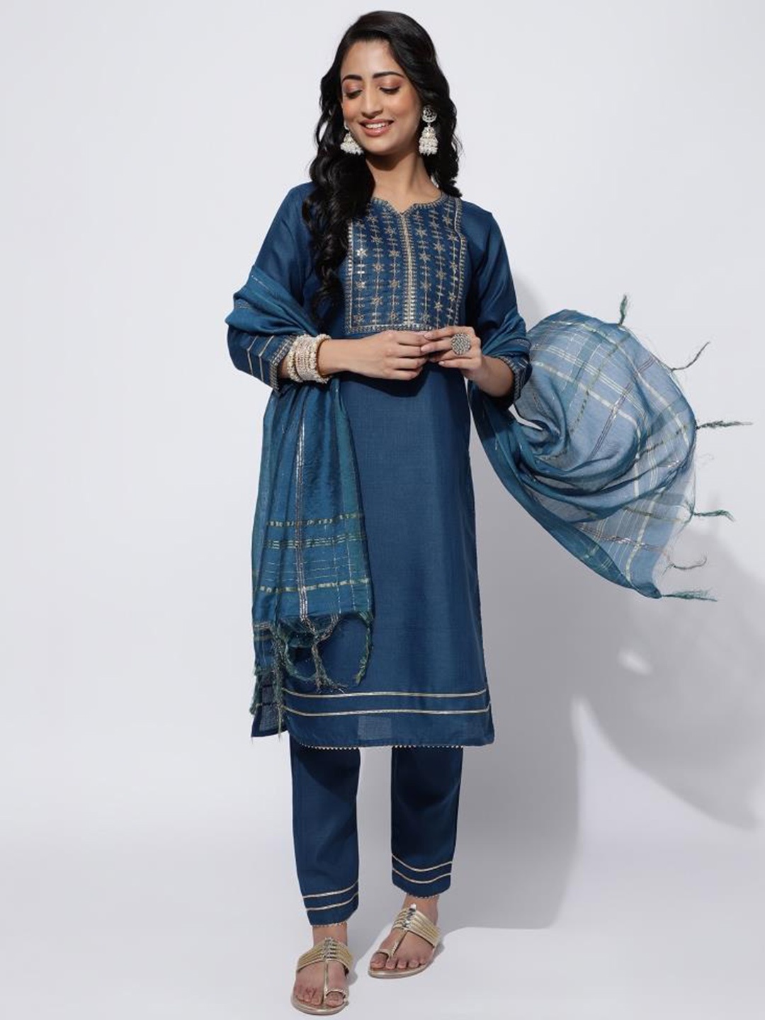 

Twika Ethnic Motifs Yoke Design Regular Kurta with Trousers & Dupatta, Teal