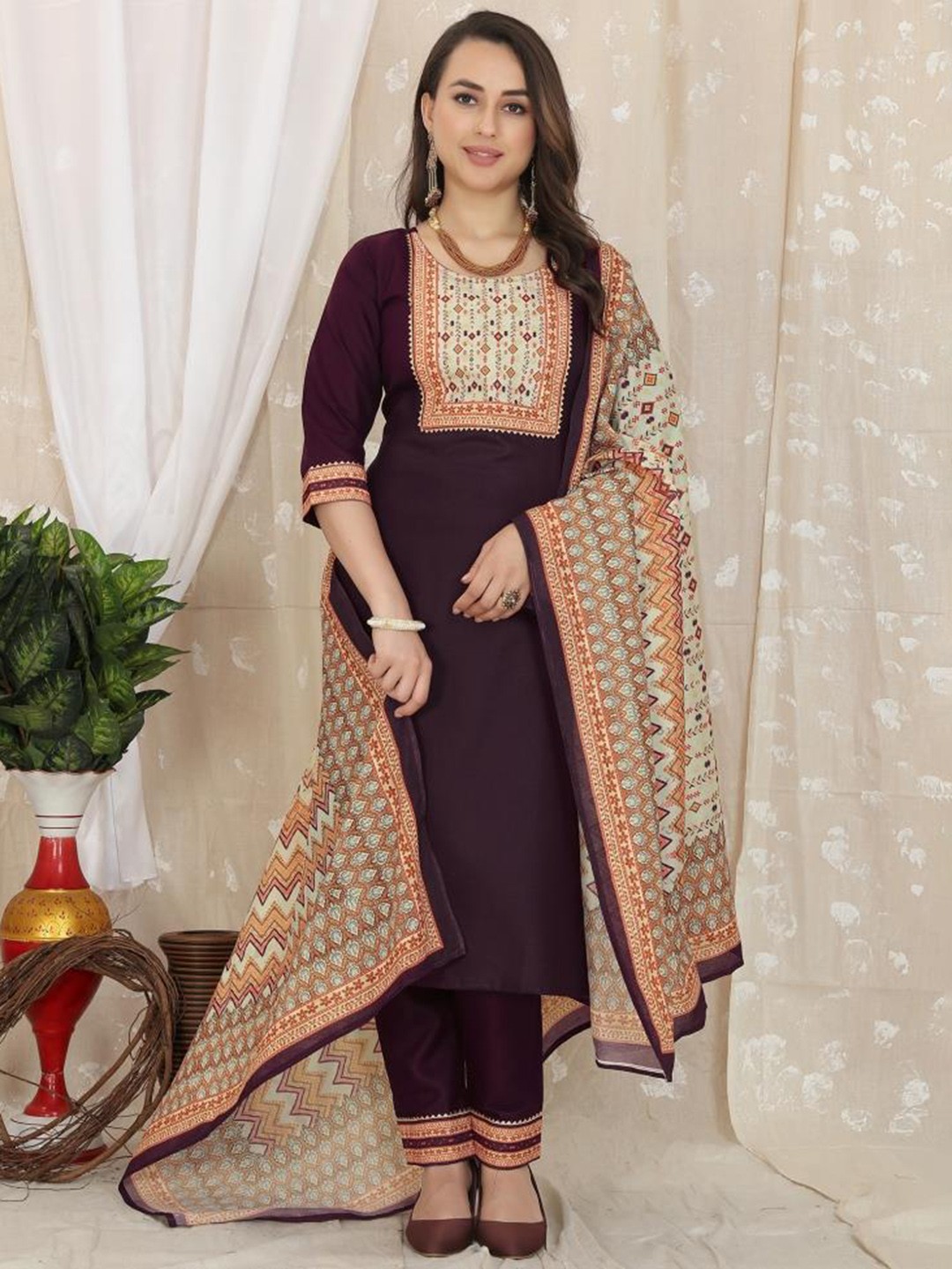 

Twika Ethnic Motifs Yoke Design Regular Kurta With Trousers & Dupatta, Purple