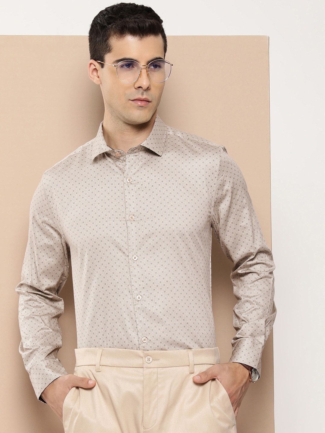 

INVICTUS Pure Cotton Slim Fit Ethnic Motifs Printed Semiformal Shirt, Beige