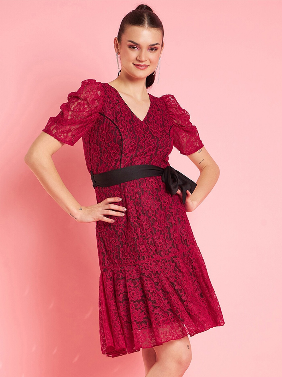 

Antheaa Puff Sleeve Net Fit & Flare Dress, Red