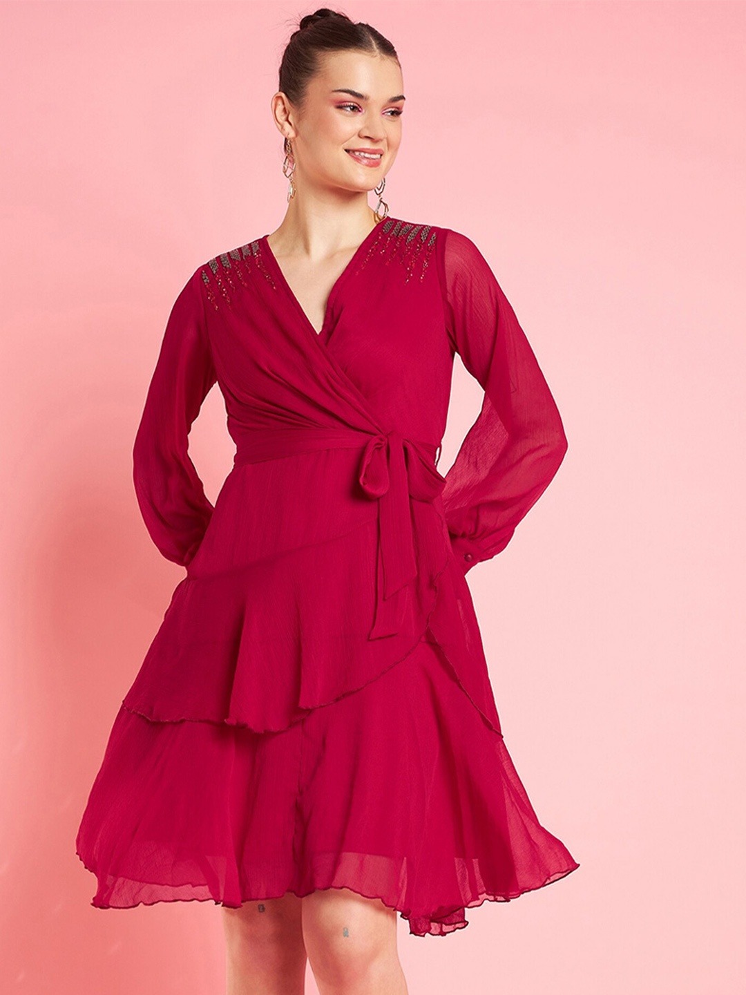 

Antheaa Embellished Bell Sleeve Layered Chiffon Fit & Flare Party Dress, Red