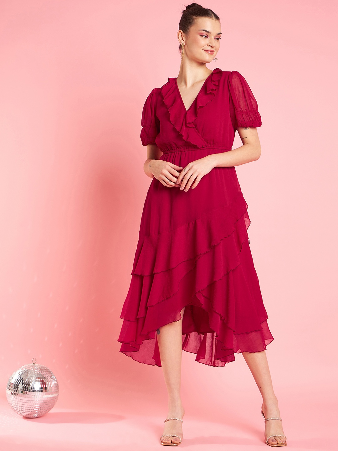 

Antheaa Puff Sleeve Chiffon Gathered Or Pleated Wrap Midi Dress, Red