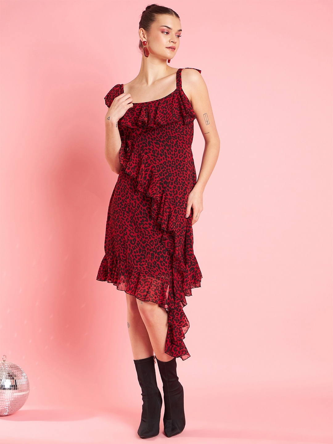 

Antheaa Print Shoulder Straps Layered Chiffon Sheath Dress, Red