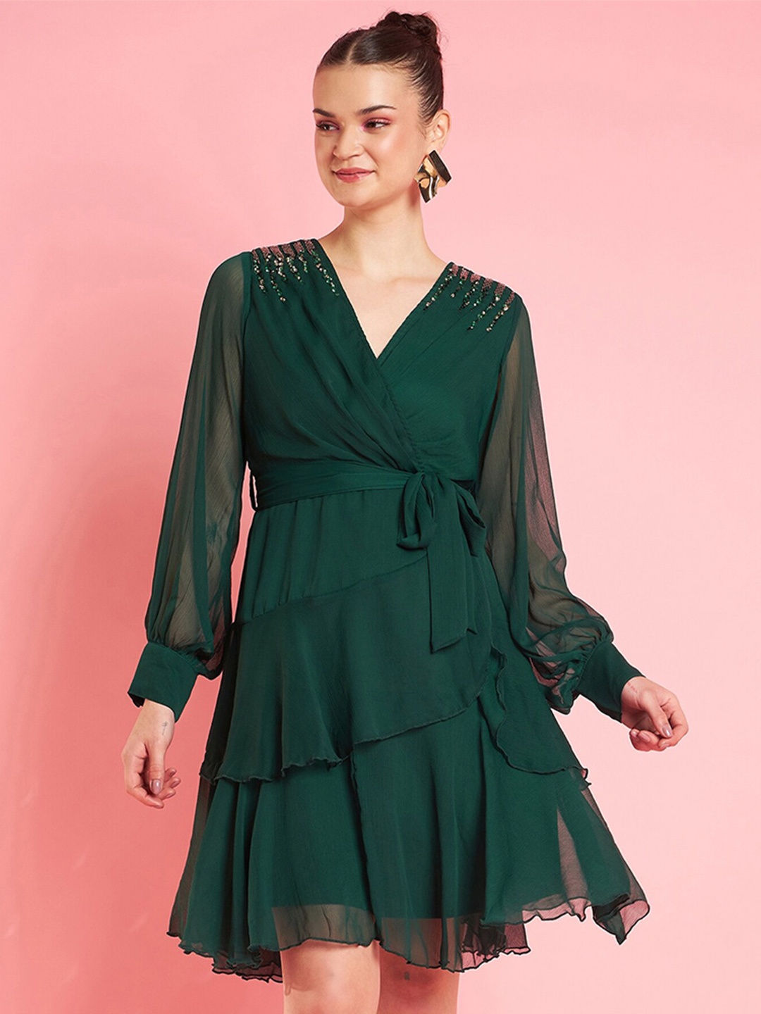 

Antheaa Embellished Layered V-Neck Chiffon Fit & Flare Dress, Green