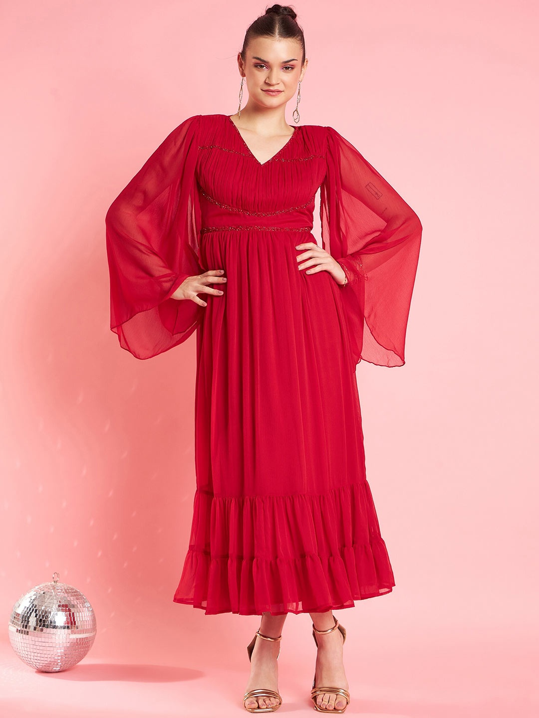 

Antheaa Red Flared Sleeve Empire Midi Opaque Party Dress