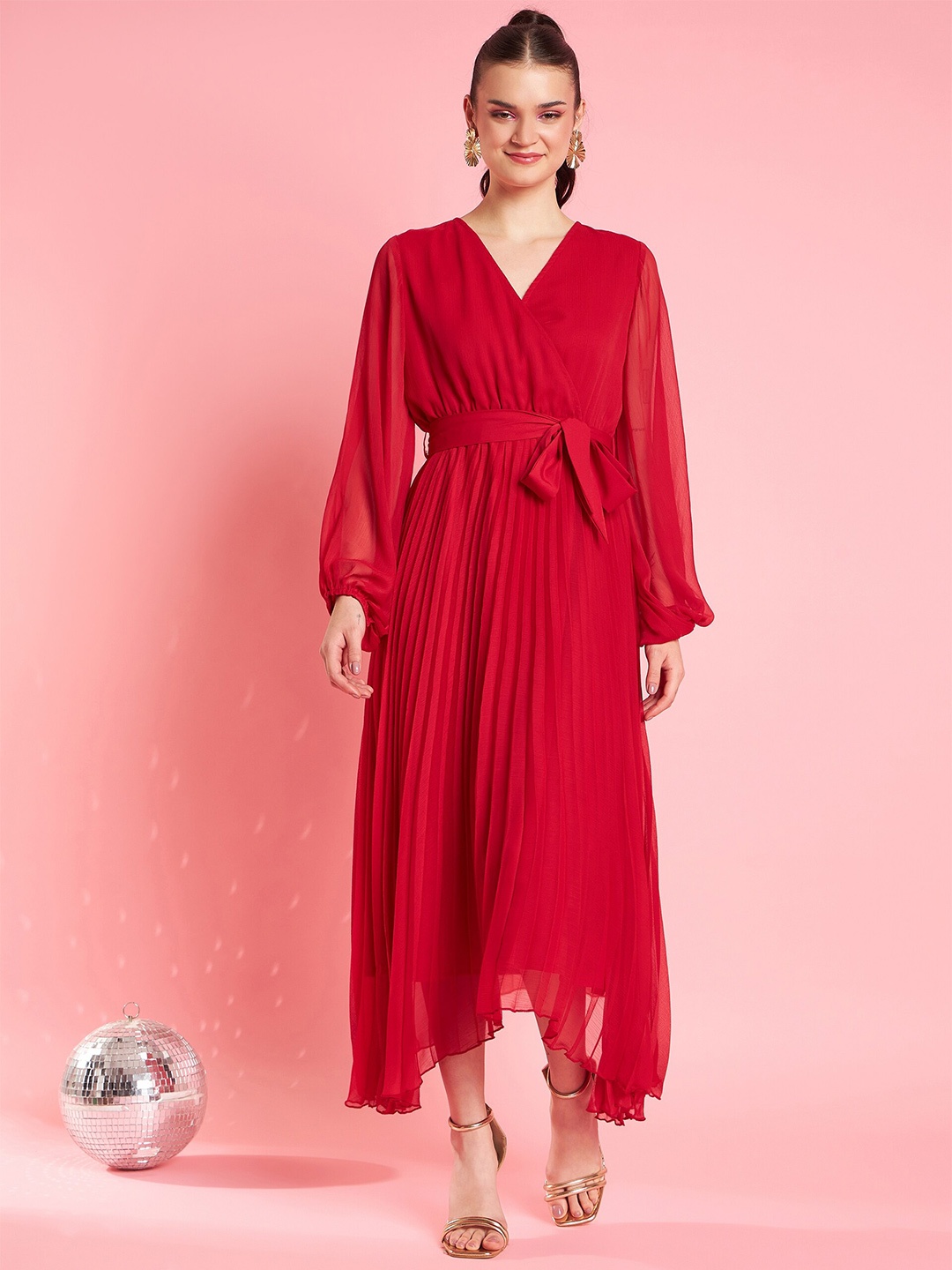 

Antheaa Red V-Neck Bishop Sleeves Maxi Opaque Party Dress