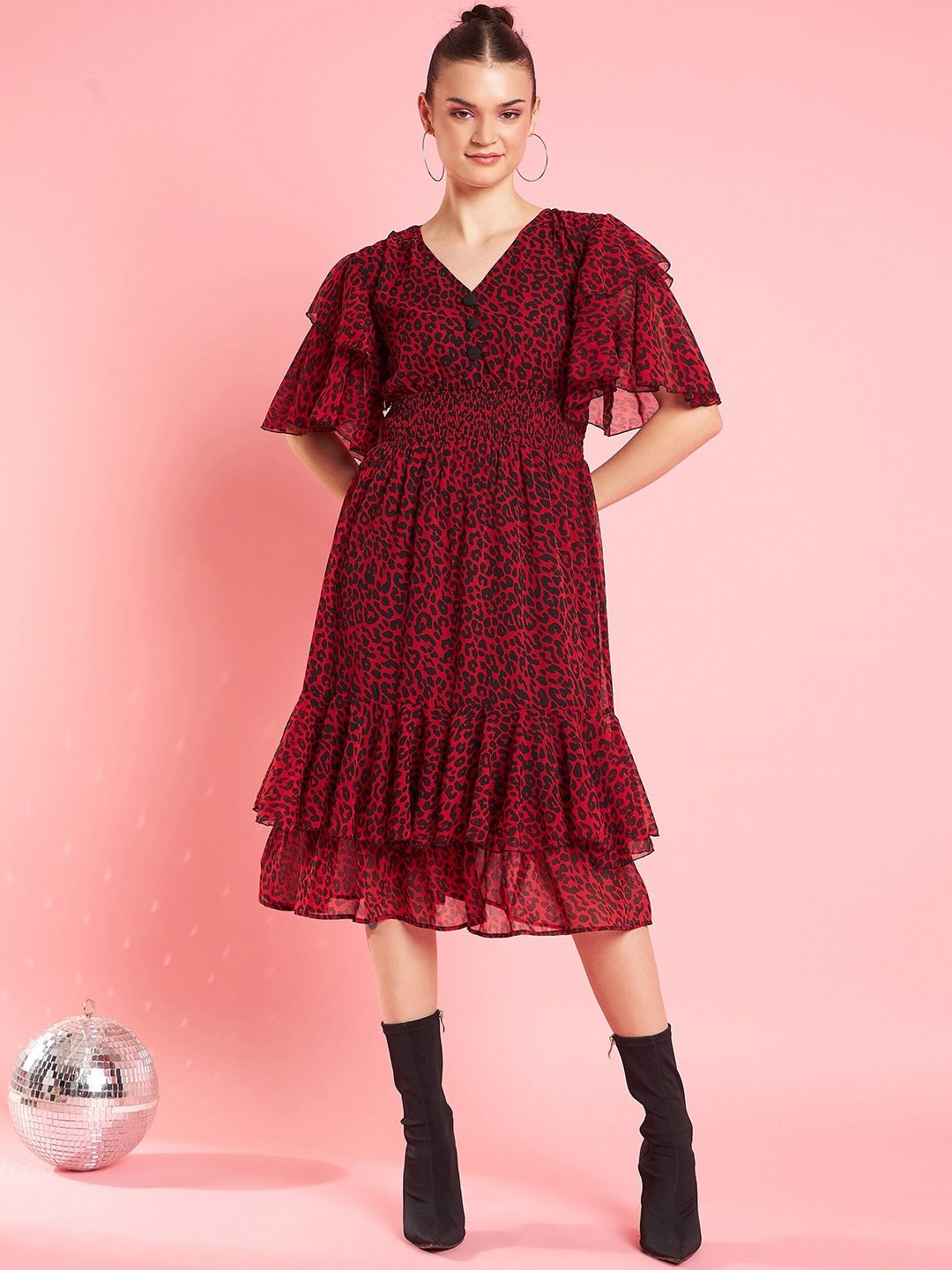 

Antheaa Red Floral Printed V-Neck Flared Sleeve Fit & Flare Midi Party Dress